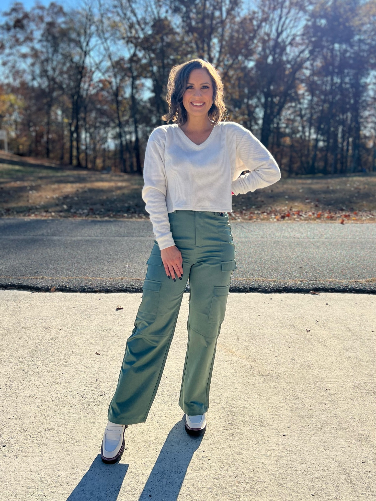 Loving these green cargo wide leg pants and loafers. I’m wearing a small in the pants and my true size 8 in the white loafers  

#LTKHoliday #LTKSeasonal #LTKshoecrush