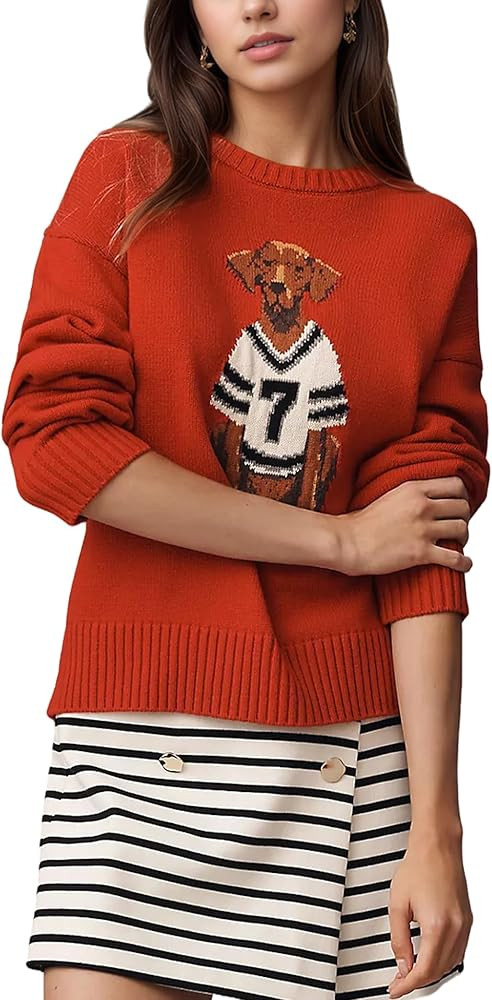 MISSACTIVER Dog Print Fall Sweaters for Women Long Sleeve Casual Crew Neck Graphic Pullover Knit ... | Amazon (US)