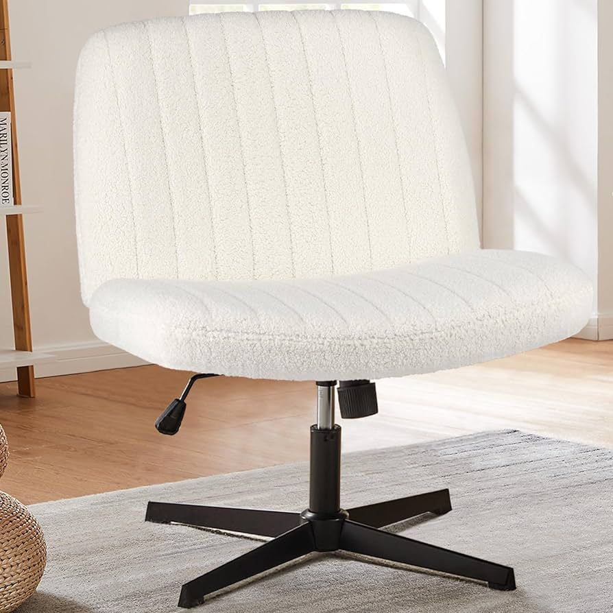 Criss Cross Legged Armless Swivel Wide Desk Chair No Wheels, Modern Teddy Fabric Height Adjustabl... | Amazon (US)