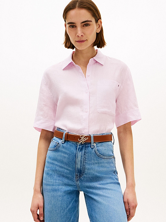 Relaxed Fit Pure Linen Short Sleeve Shirt | Purple | Tommy Hilfiger | Tommy Hilfiger UK