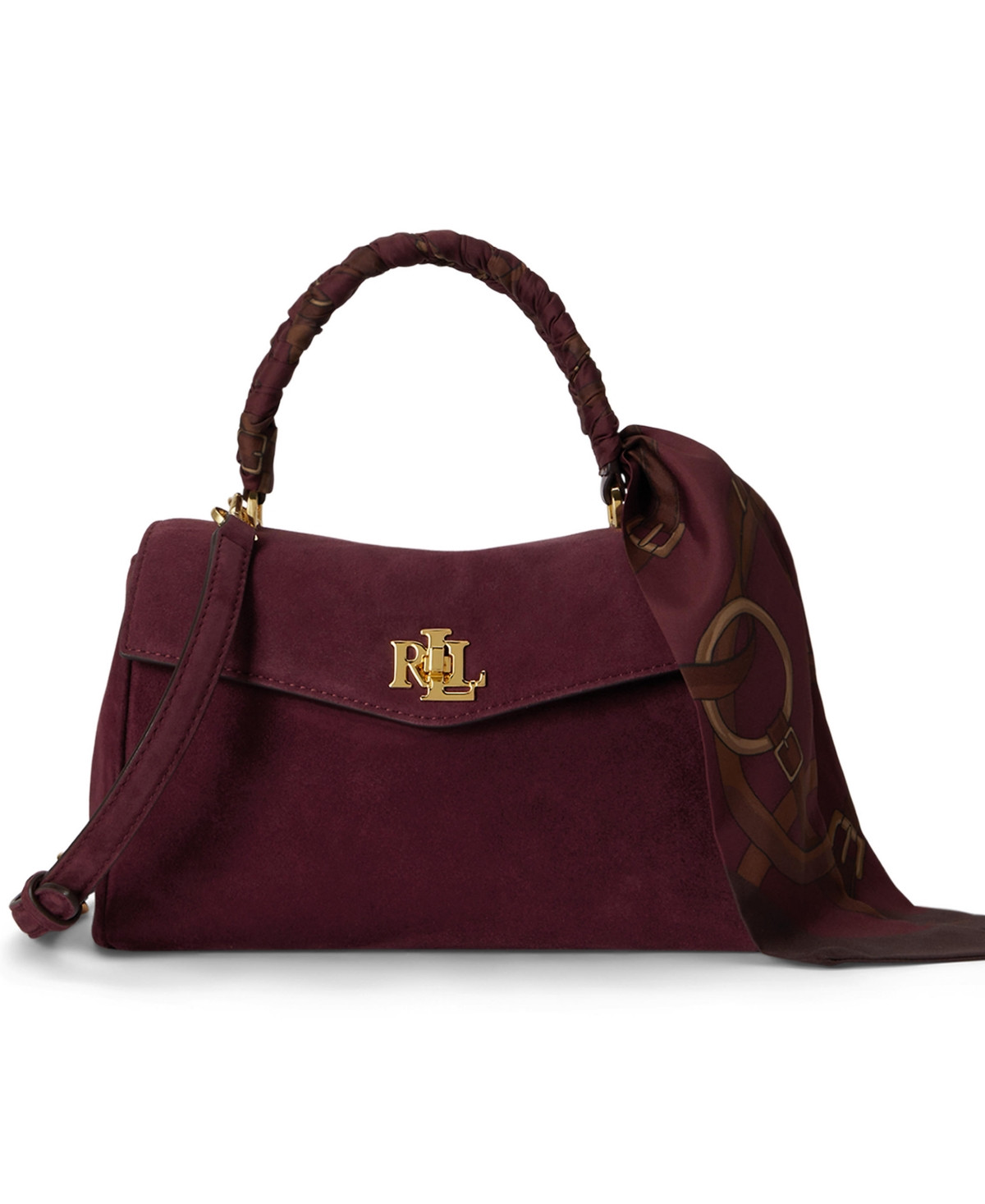 Lauren Ralph Lauren Farrah Suede Scarf Trim Small Soft Satchel Bag - Darkk Garnet | Macy's