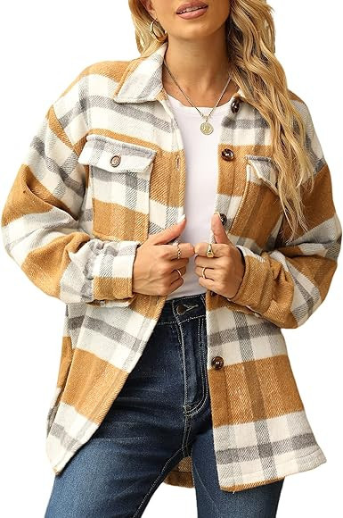 Yeokou Women's Fall Color Block Plaid Flannel Shacket Jacket Button Down Shirt Coat Tops | Amazon (US)