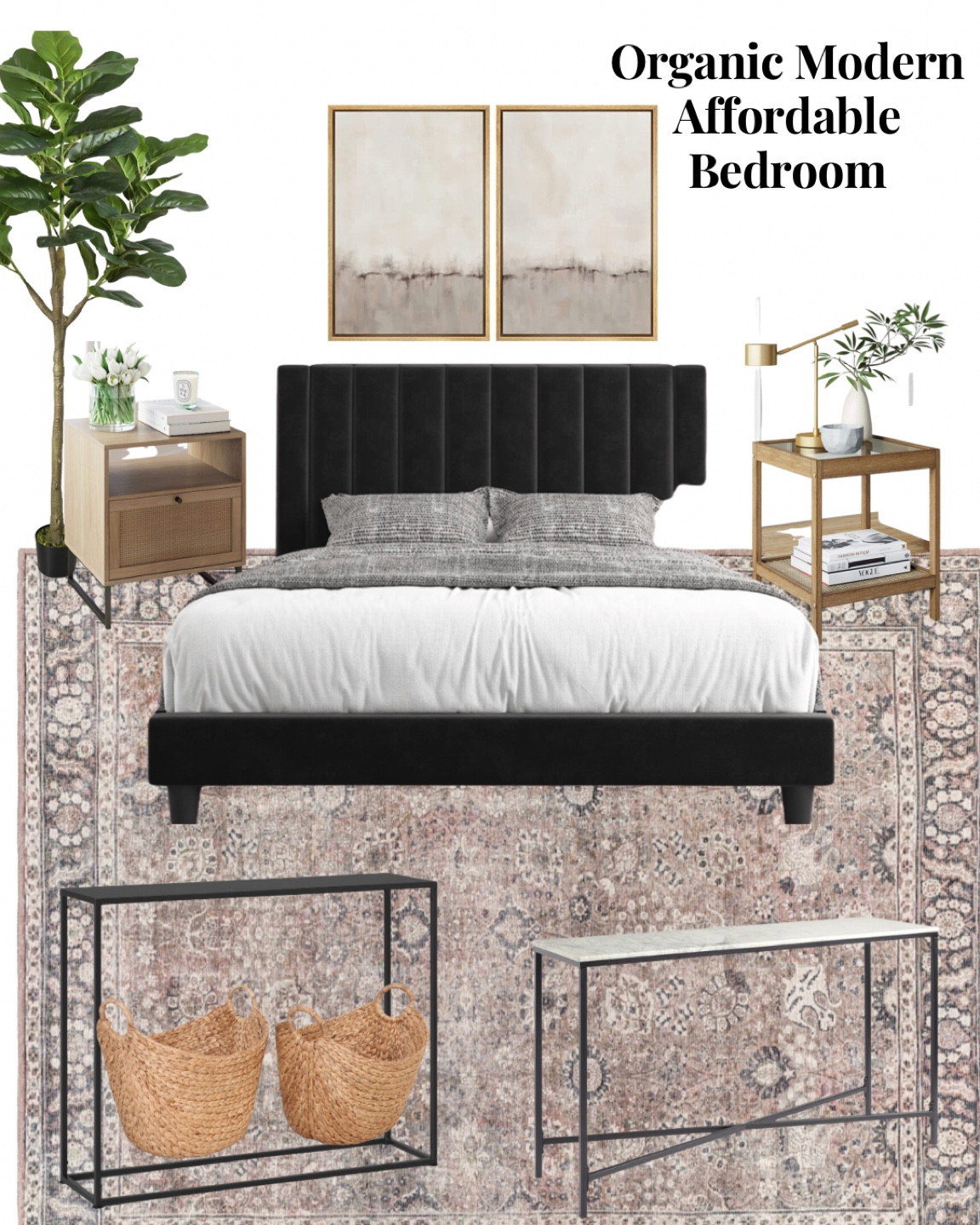 Organic modern bedroom. Black velvet upholstered amazon platform low profile bed. Headboard. Fiddle leaf fig tree, abstract wall art affordable. End table night stands, cane rattan seagrass baskets, console table, washable rug. Budget friendly. For any and all budgets. mid century, organic modern, traditional home decor, accessories and furniture. Natural and neutral wood nature inspired. Coastal home. California Casual home. Amazon Farmhouse style budget decor #bedroom #guestroom #primarybedroom

#LTKhome #LTKSeasonal #LTKsalealert