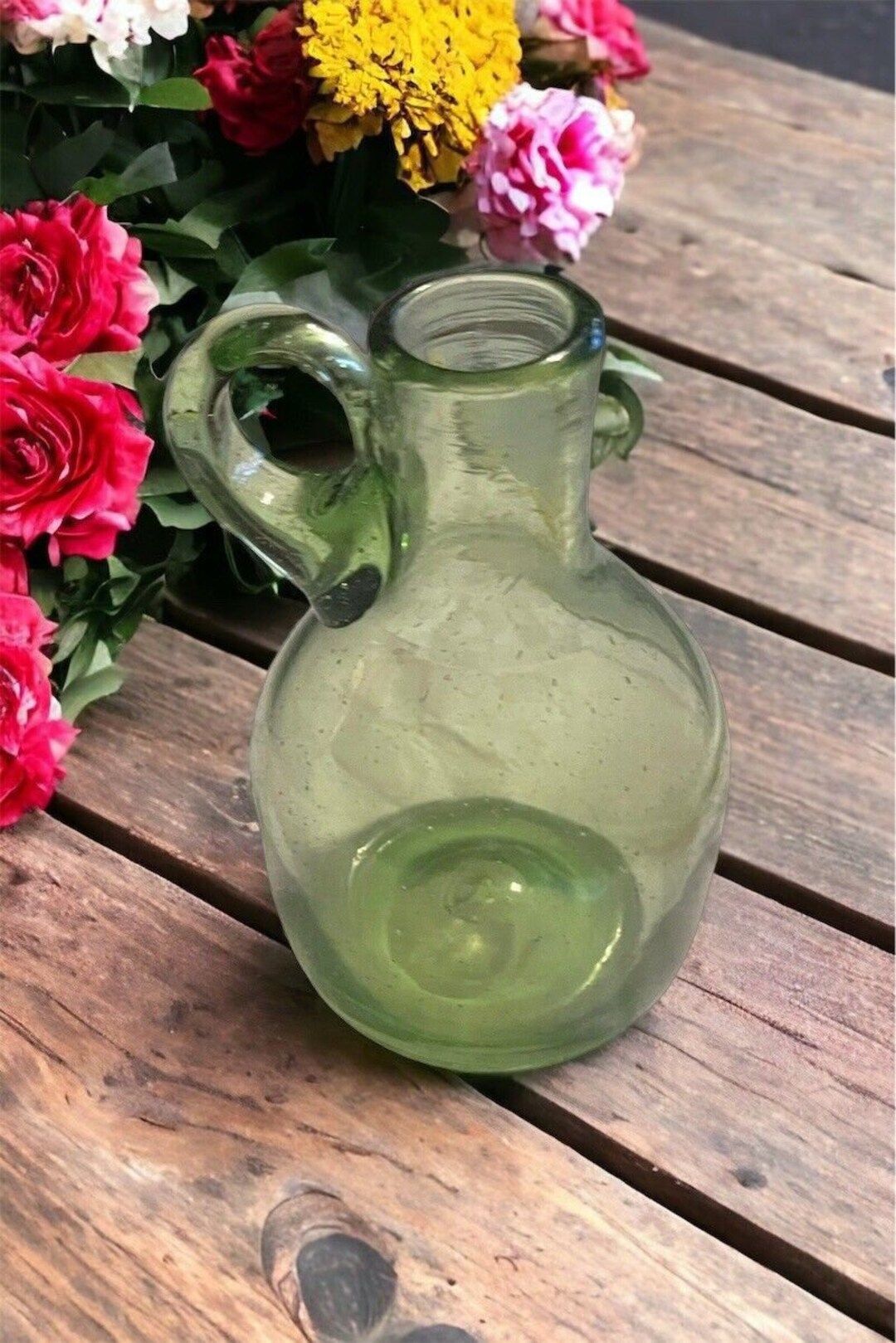 Vintage Hand Blown Art Glass Jug Applied Handle, Green, Bubbles - Etsy | Etsy (US)