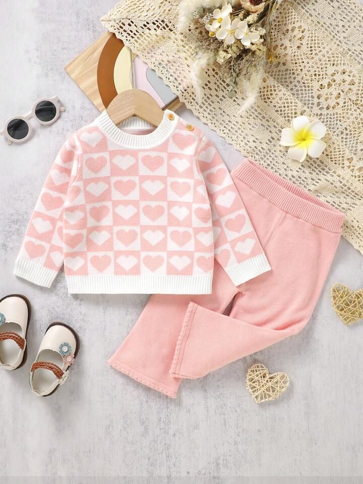Baby Girl Heart Pattern Sweater & Knit Pants | SHEIN