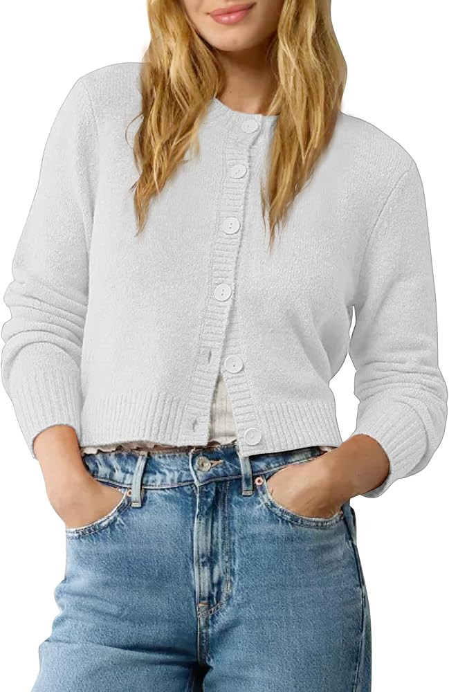 Urban CoCo Women's Crew Neck Cropped Cardigan Sweaters Long Sleeve Open Front Button Down Shrug S... | Amazon (US)