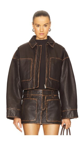 GRLFRND Cropped Leather Patch Pocket Jacket in Brown. - size XS | Revolve Clothing (Global)