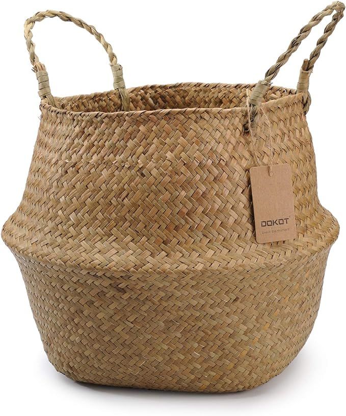 DOKOT Seagrass Plant Basket with Handles, Wicker Woven Storage Basket, 9.5inch Diameter x 11inch ... | Amazon (US)