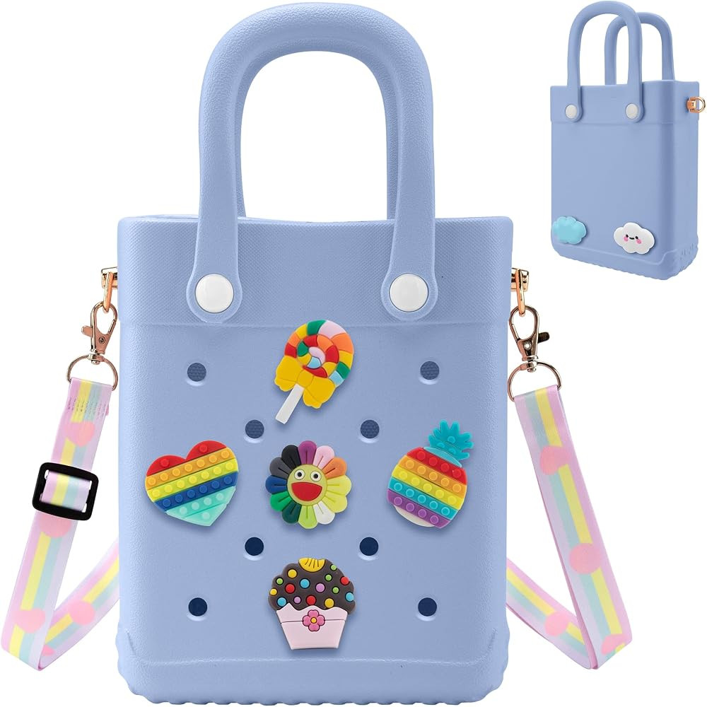 Mini Rubber Tote Bag, EVA Beach Tote with 30 Charms, Cute Bag for Little Girl & Women with Adjust... | Amazon (US)