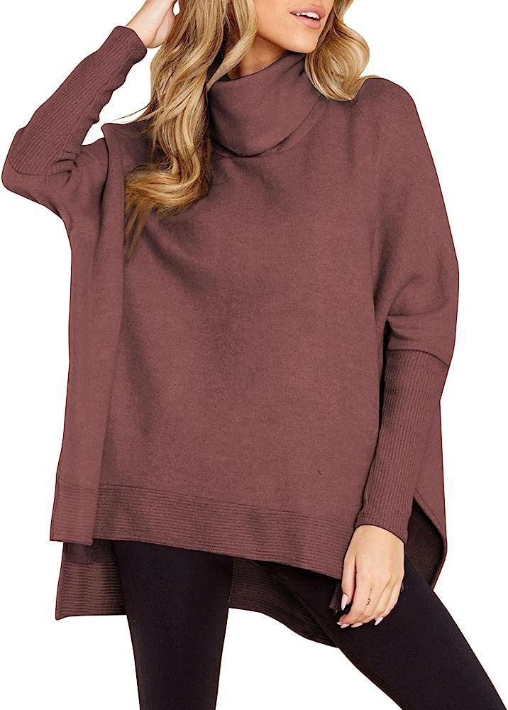 AVIVATINO Women's Turtleneck Oversized Sweaters Batwing Long Sleeve High Low Split Hem Knit Pullover | Amazon (US)