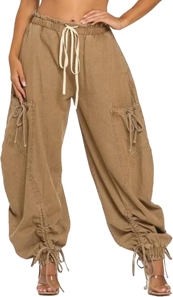 Women's Baggy Cargo Jeans Wide Leg Denim Pants Drawstring Harem Pants Joggers Trousers with Pocke... | Amazon (US)