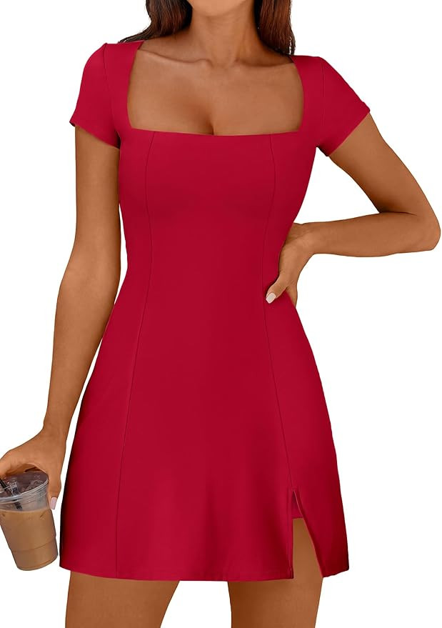 Caracilia Womens Square Neck Tennis Dress Short Sleeve Golf Athletic Summer Mini Dresses Built in... | Amazon (US)