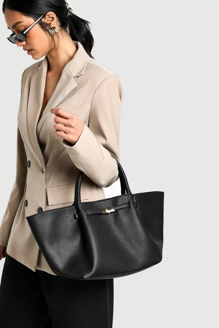 Clasp Detail Textured PU Tote Bag | Boohoo.com (UK & IE)