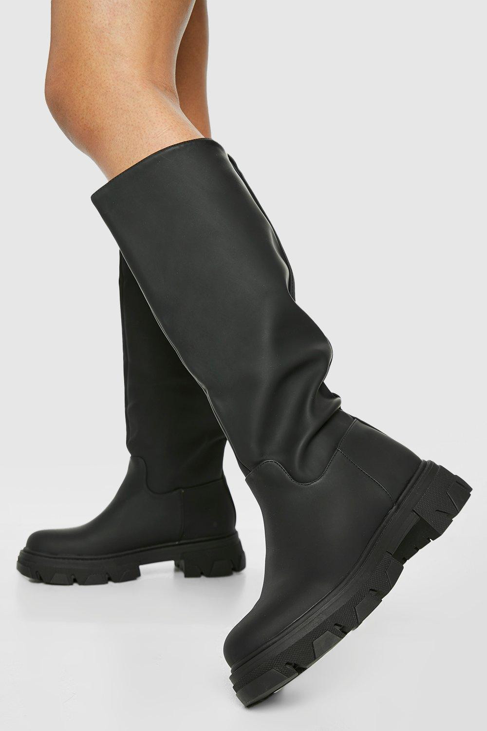 Womens Knee High Pull On Rubber Boots - Black - 7 | Boohoo.com (US & CA)