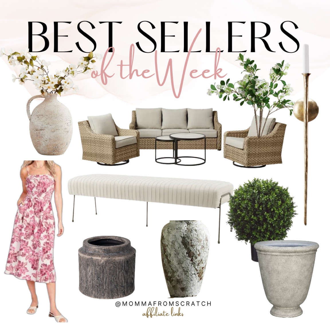 Best sellers of the week, patio furniture, outdoor planters, vase, pottery barn, bench, upholstered bench, spring stems, boxwood, dresses, swivel chairs, Walmart patio furniture 

#LTKhome #LTKsalealert #LTKstyletip