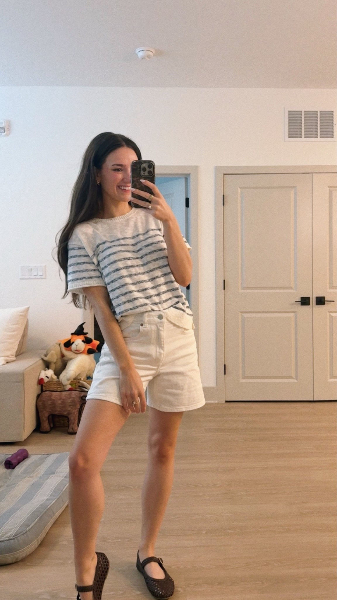 Weekend errands ootd featuring these super comfy white denim high waisted shorts I’ve actually been loving and living in. Also a mvp I need to mention are these brown woven flats from target. They are so comfy and I wear them at least 4 times a week!!