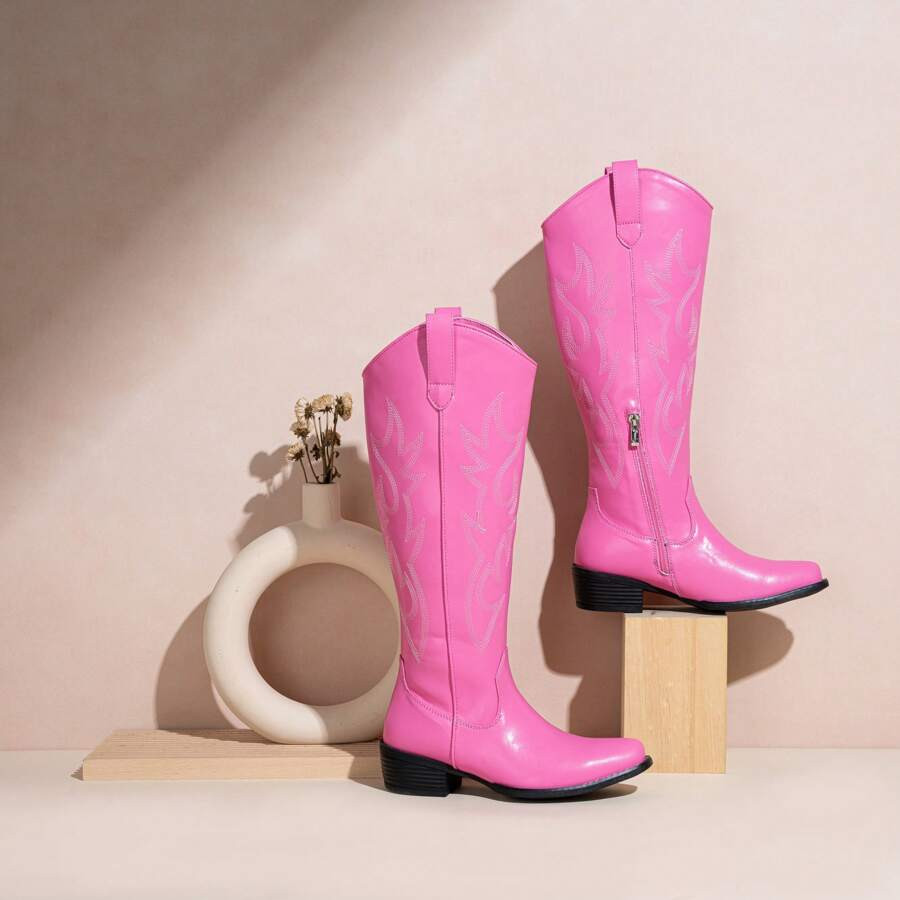 Comfyshoes Women's Embroided Cowboy Boots, Square Toe Knee High Western Boots | SHEIN