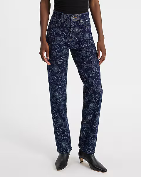 High Waisted Floral Dark Wash Straight Jeans | Express