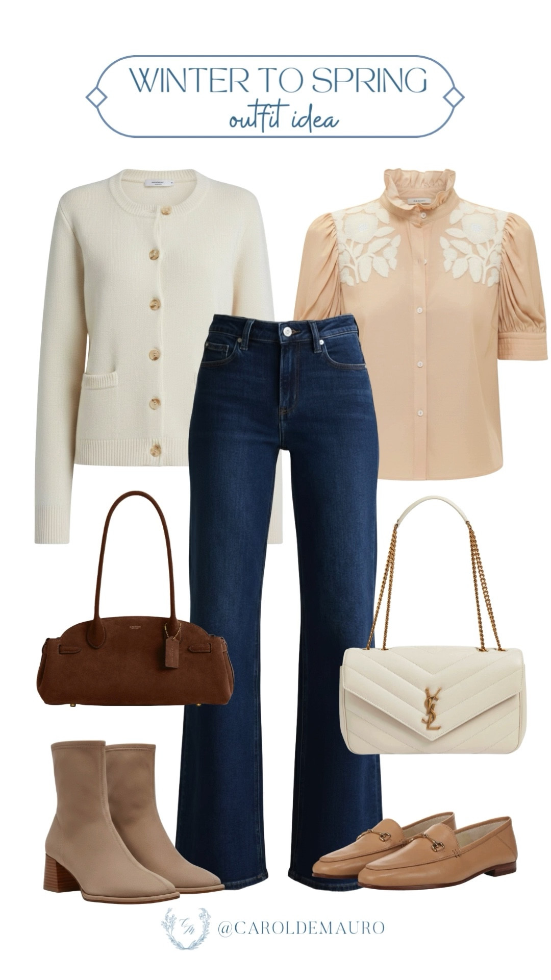 Style the same versatile flared jeans for your winter to spring outfits! Change the look from a button-up sweater styled with a Coach carryall bag to an embroidered button-down shirt blouse styled with a YSL chain bag and leather loafers.

transitional look, casual chic, weekend wardrobe, outfit inspo, petite fashion, seasonal fits, elevated basics, trendy handbags

#LTKSeasonal #LTKU #LTKSaleAlert