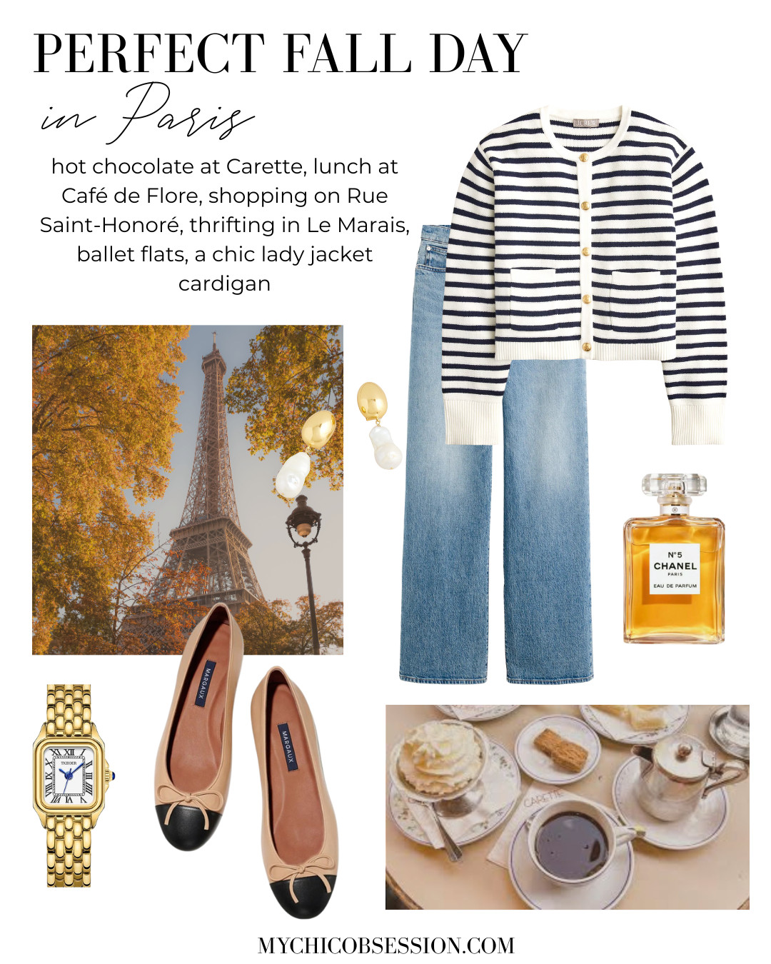 Your perfect fall day in Paris! Enjoy hot chocolate at Carette, lunch at Cafe de Flore, and shopping one of Paris' bustling streets lined with luxury stores and boutique shops. As for what to wear? Pair a striped lady jacket cardigan with classic denim, cap-toed flats, a gold watch, and pearl earrings for an effortlessly chic fall outfit. 

 #LTKSeasonal #LTKStyleTip #LTKShoeCrush