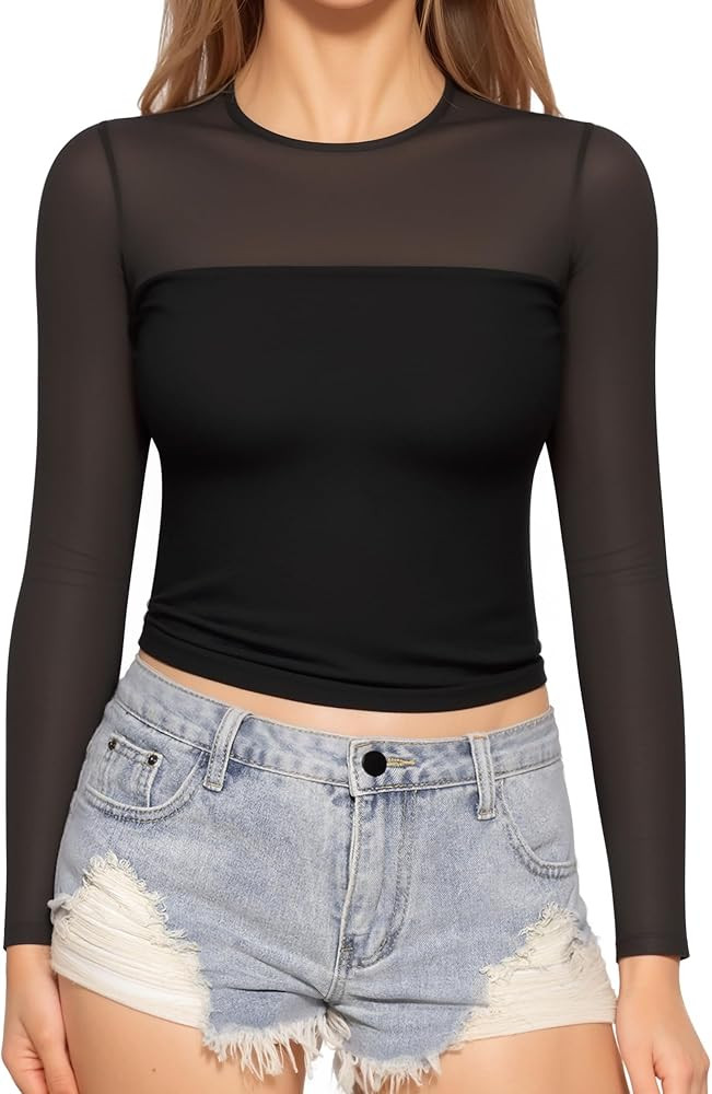 MANGOPOP Women's Mesh Long Sleeve Tops Crewneck Sexy Sheer T Shirts Slim Fitted Going Out Top Tee | Amazon (US)