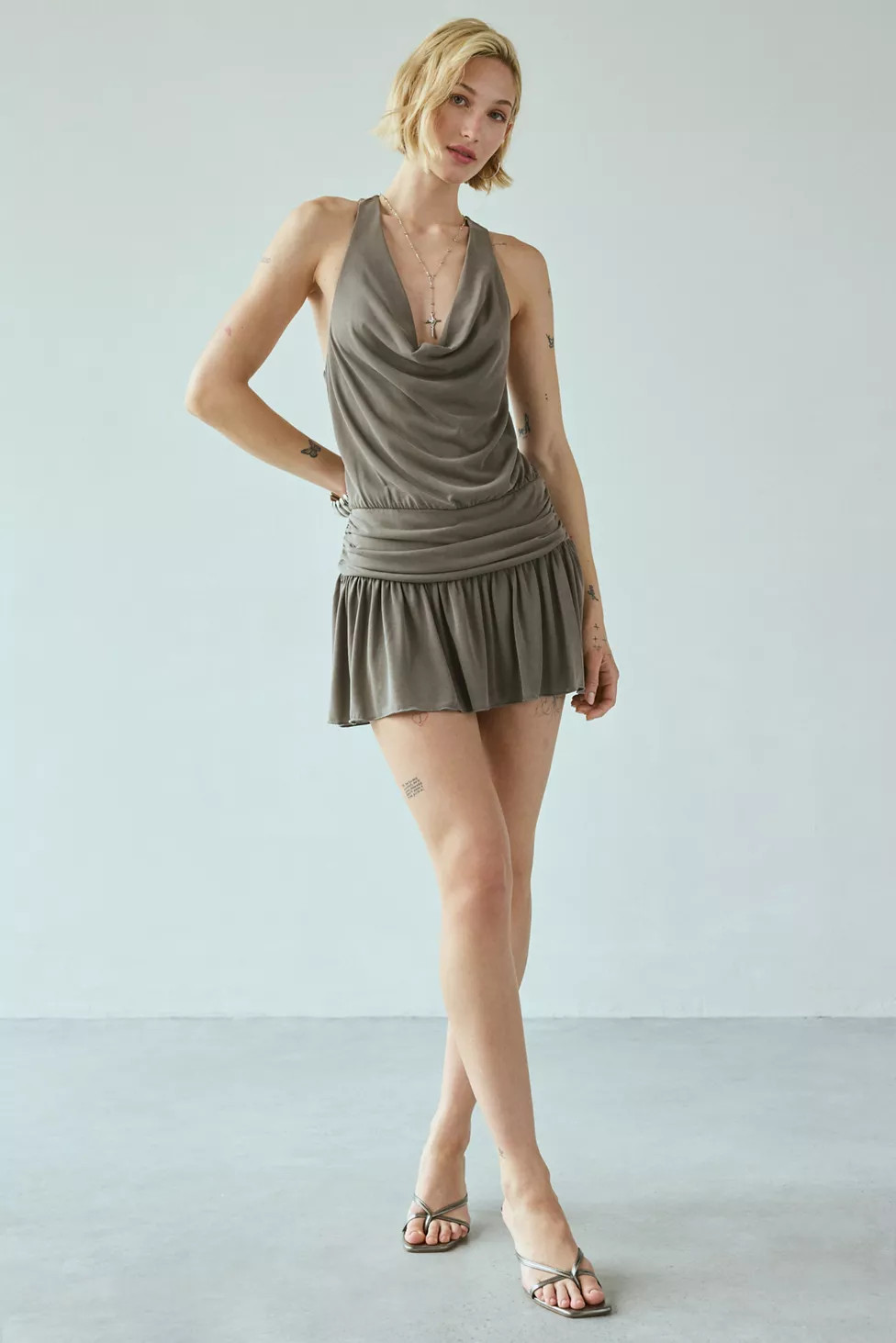 UO Pamela Cowl Neck Draped Knit Mini Romper | Urban Outfitters (US and RoW)