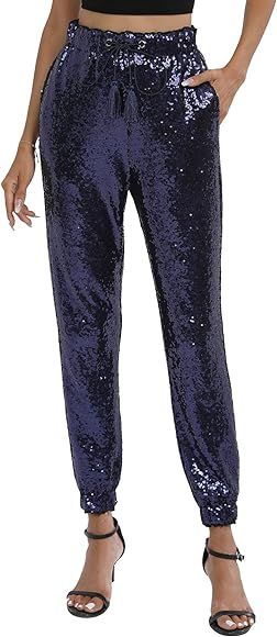 J&DHUASHA Womens Casual Sparkly Sequin Pants High Waist Glitter Joggers Pants Bling Party Skinny ... | Amazon (US)