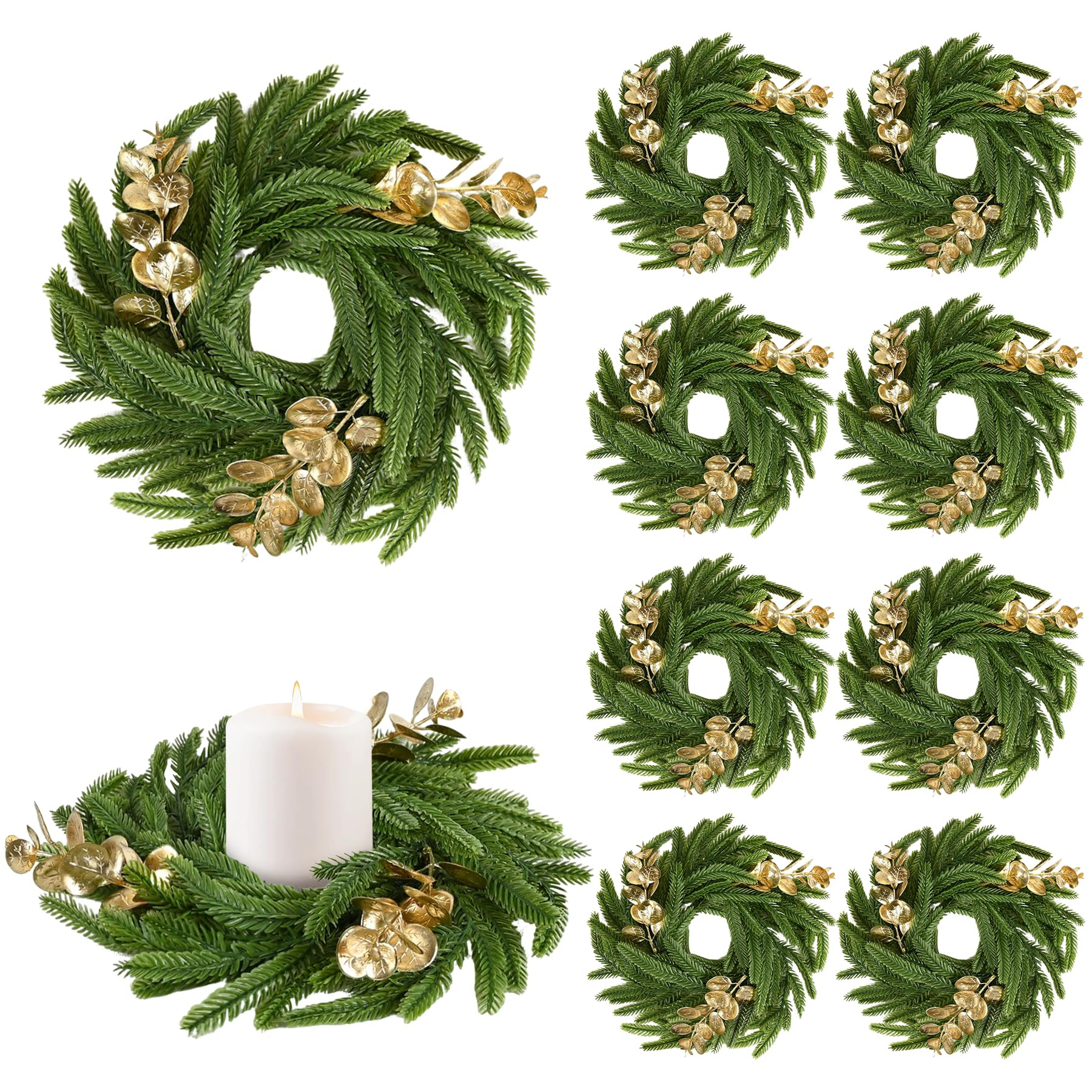 8 Pcs Norfolk Pine Mini Christmas Wreath Candle Ring with Gold Leaves,Realistic Evergreen Table C... | Amazon (US)