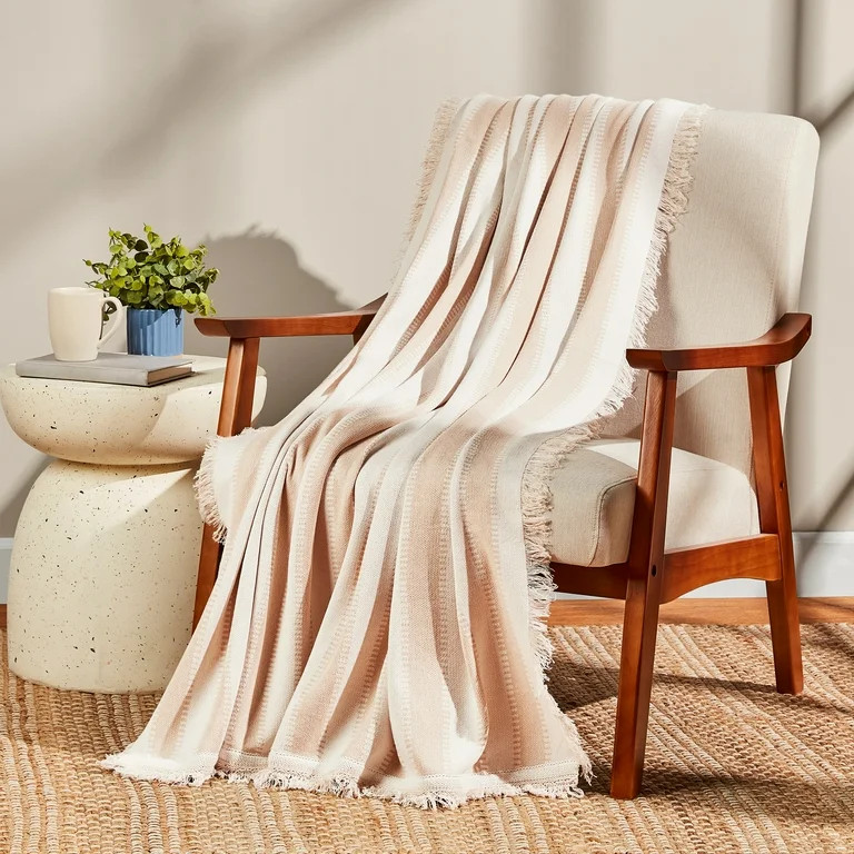 Mainstays by Becky G. & Alejandra Tapestry Knit Throw, Beige Stripe, 50" x 60" | Walmart (US)
