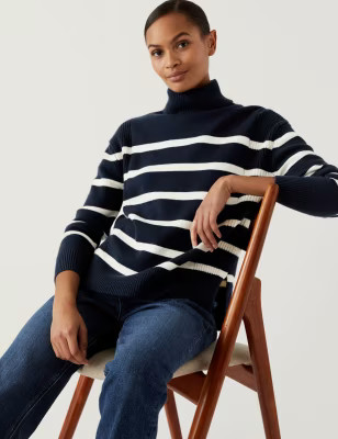 Cotton Rich Striped Roll Neck Jumper | Marks & Spencer (UK)