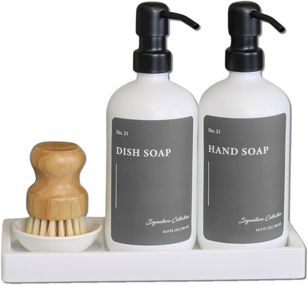 Kitchen Glass Soap Dispenser Set for Hand and Dish Soap with Handmade Stone Tray, 18+ Waterproof ... | Amazon (US)