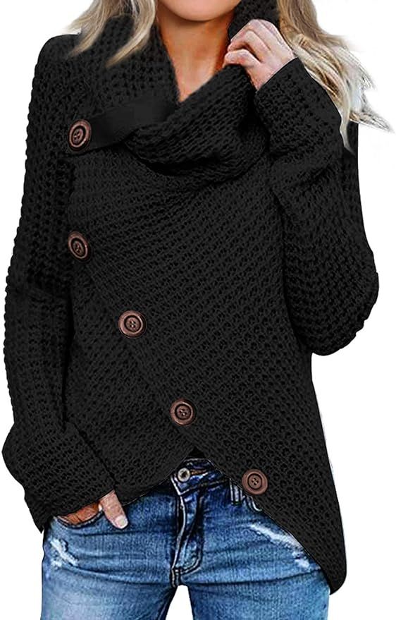 Asvivid Womens Button Turtle Cowl Neck Asymmetric Hem Wrap Pullover Sweater Tops | Amazon (US)