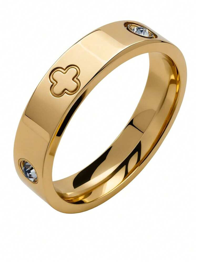 1pc Luxury Stainless Steel Lucky Clover Couple Ring, Sparkling Crystal Embellished, Fine Jewelry For Lovers Everyday Wear | SHEIN