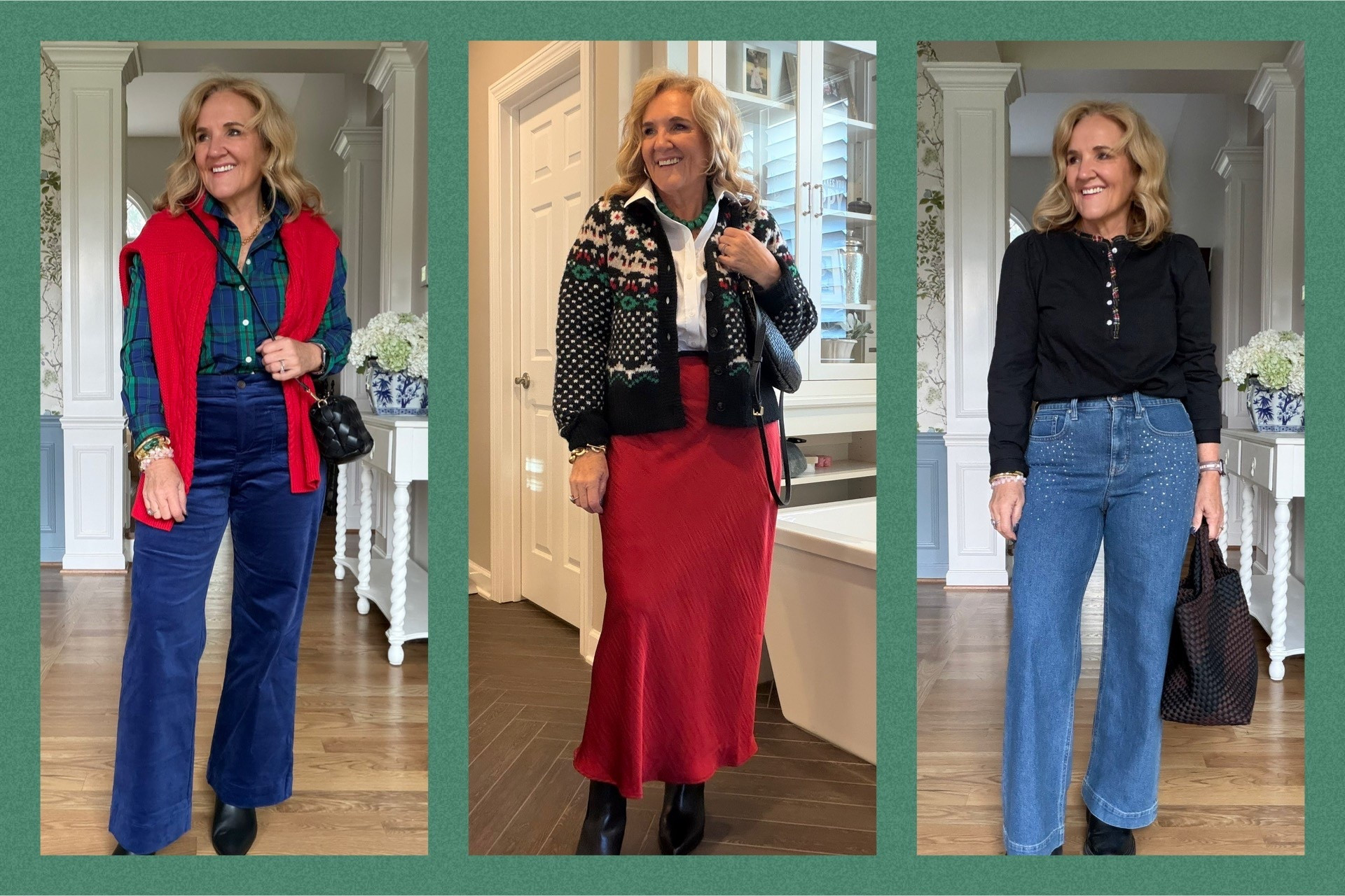 A few holiday casual outfits to share in my substack 
Velvet pants size 29 petite
Red cotton sweater size up to a large
Blouse size medium regular
Fair isle sweater size medium
Red slip skirt size small
No iron white blouse size 1.0
Embellished jeans, size 29 petite they do not have stretched the size up if in between
Tartan plaid trimmed Henley size medium
I always size up in my boots a half size

#LTKHoliday #LTKSaleAlert #LTKOver40