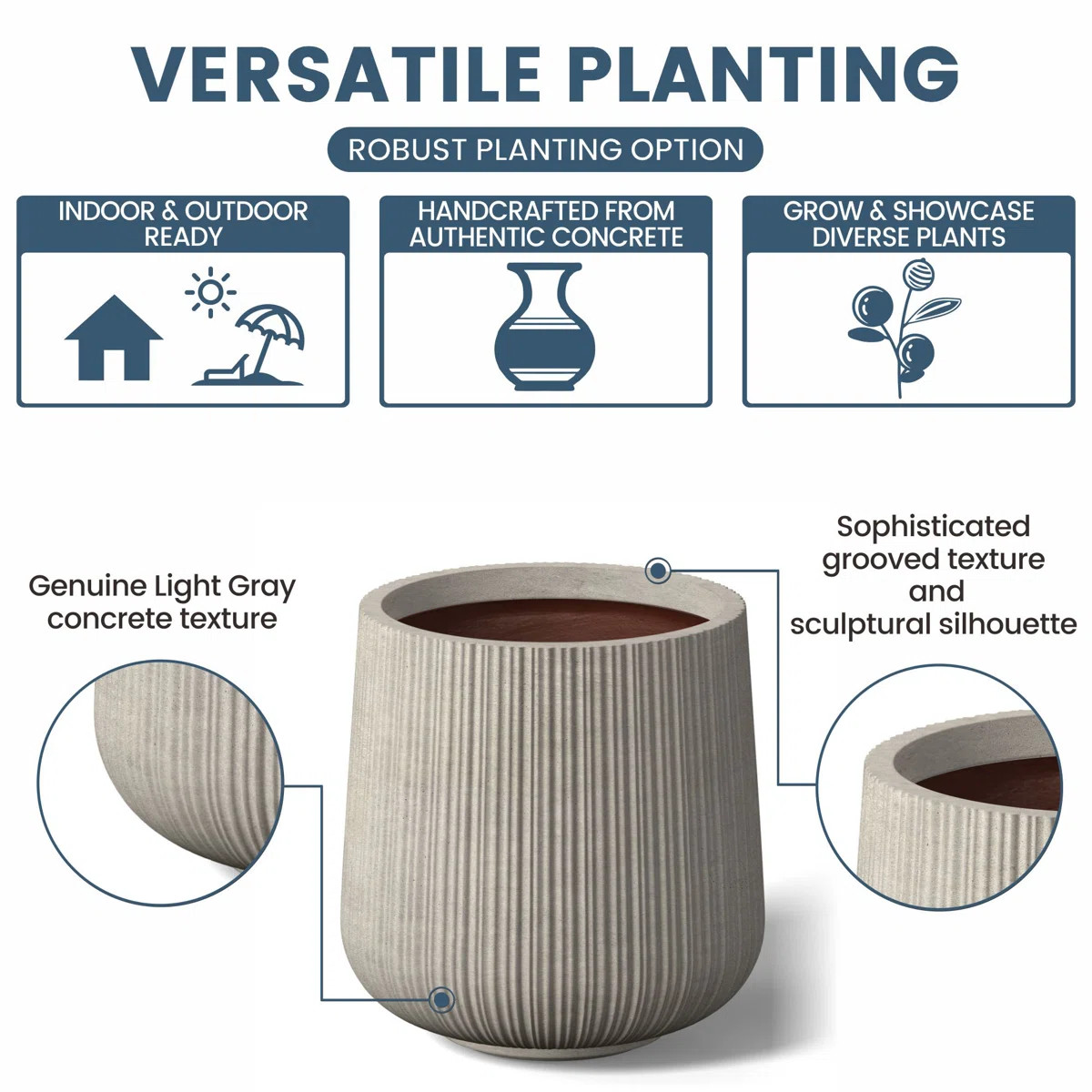 13 In. Medium (Upgraded Interior) Concrete Round Planter / Pot With Drainage Holes | Wayfair North America