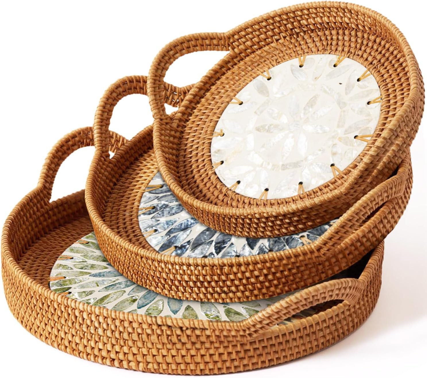 Mothers Day Gifts Set – 3 Handwoven Rattan Trays with Natural Shell Inlay, Boho Decorative Wick... | Amazon (US)