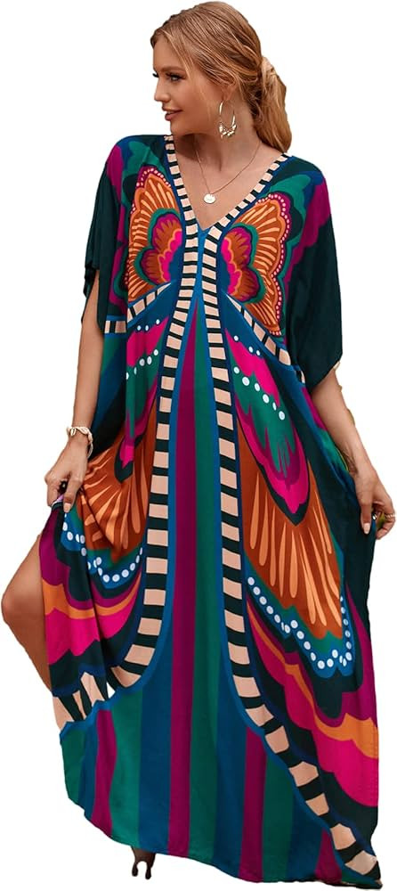 caftans for women plus size swim cover up vneck batwing dress loose fit moroccan caftan mumu dres... | Amazon (US)
