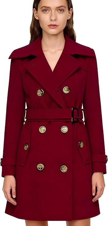 ForeMode Women Swing Double Breasted Wool Pea Coat with Belt Buckle Spring Mid-Long Long Sleeve L... | Amazon (US)