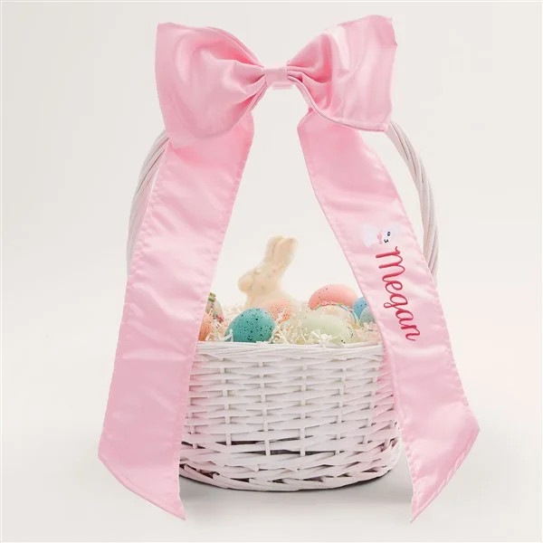 Bunny Name Pink Embroidered Bow With White Wicker Easter Basket | Personalization Mall