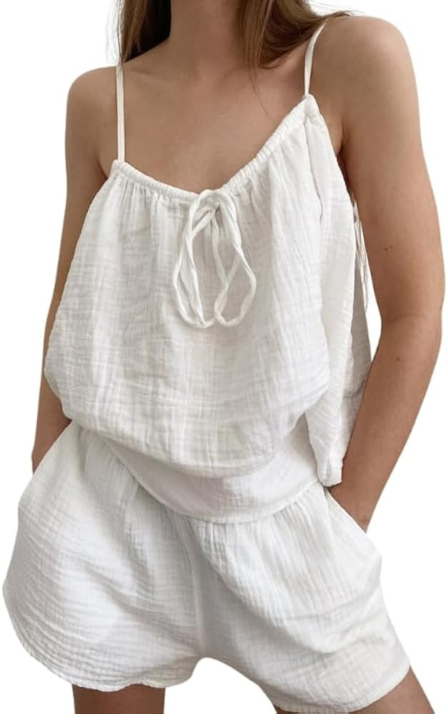 Women's 100% Cotton Muslin Pajama Set - Breathable 2 Piece Sleepwear - Cami Tank Top with Tie Fro... | Amazon (US)