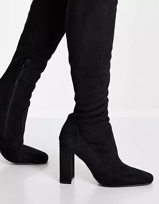ASOS DESIGN Petite Kenni block-heeled over the knee boots in black | ASOS (Global)