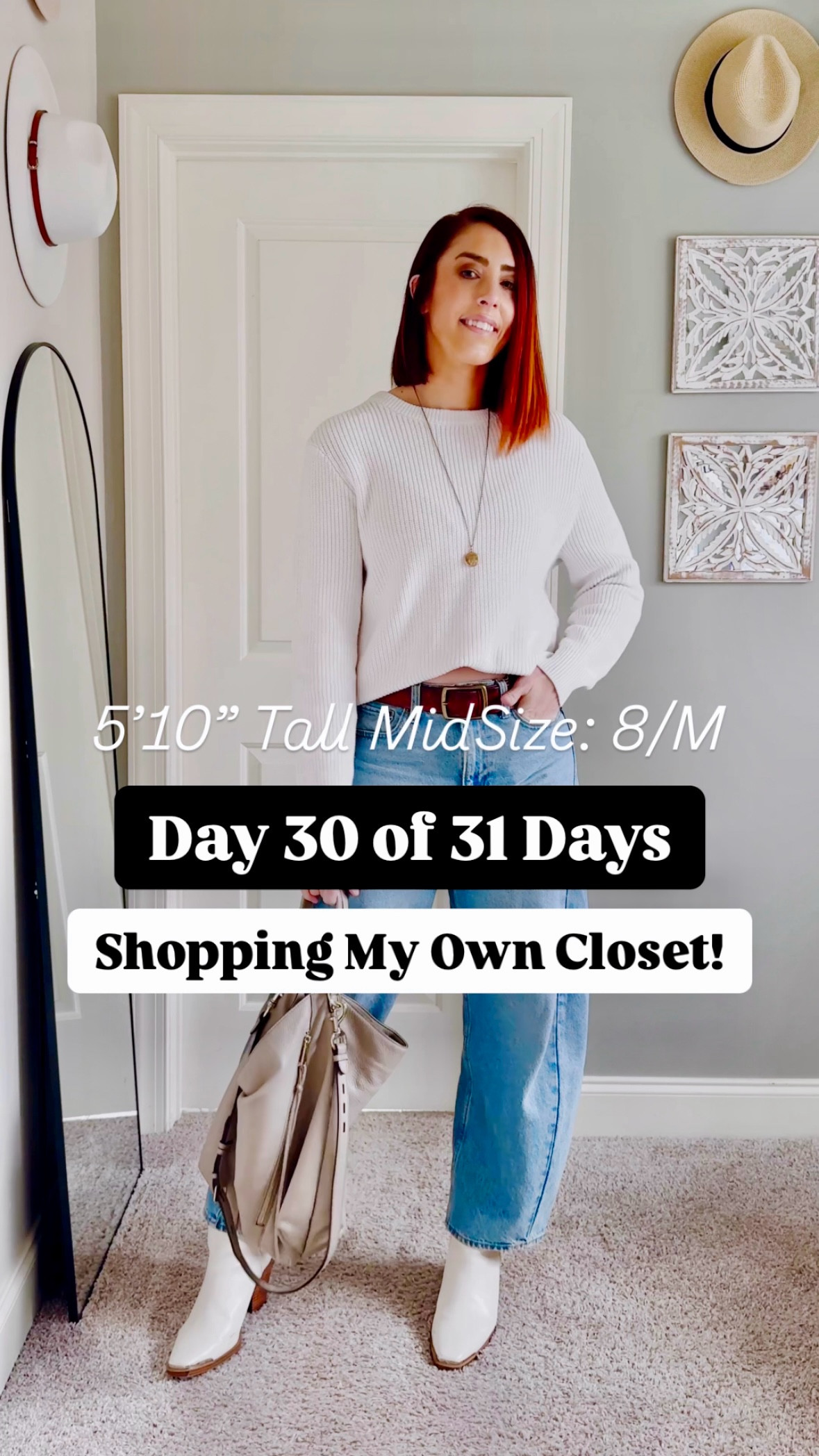 Day 30 of my 31 Days of Closet Magic Challenge, and today’s theme is frosty casual—aka that perfect mix of winter whites and cozy neutrals that make you feel like a walking Pinterest mood board.

I kept it effortlessly cool with a white crew neck sweater (tucked just right for that cropped effect) and my go-to light wash barrel jeans—because when you’re tall, finding the right denim fit is basically a sport. A brown leather belt pulls everything together, while my white Western cut-out ankle booties add a little edge. The finishing touches? A beige hobo bag for that chic-but-practical vibe and a long gold locket necklace, because details matter.

This look is giving laid-back luxe meets frosty morning coffee run, and I’m here for it. Do you love winter whites? ❄️💭
✔️ Yes, they feel so fresh!
🤎 I’m more of a neutrals all day, every day kind of person.

#ClosetMagicChallenge #FrostyCasual #WinterStyle #NoSpendChallenge #TallGirlFashion #CasualChic #WinterWhites

#LTKStyleTip #LTKMidsize #LTKShoeCrush
