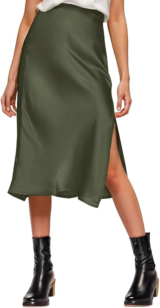Womens Satin Silk High Waist Slit Midi Skirt Elastic Waistband Midi Skirts for Women | Amazon (US)