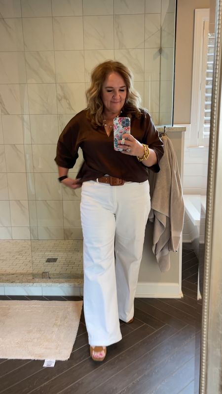 Summer neutrals. 

Brown blouse size L 
White jeans run a little big. I’m in a 32. 
Sandals tts 


#LTKworkwear #LTKunder100 #LTKshoecrush