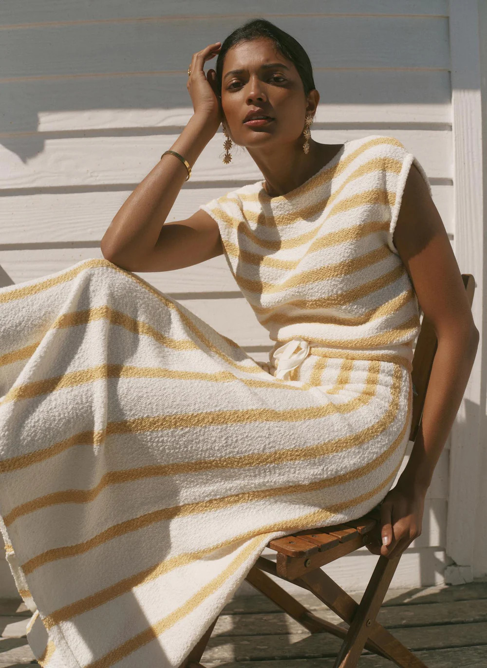 Yellow Cotton Blend Striped Midi Dress | Mint Velvet