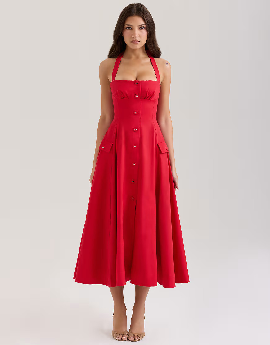 House of CB Claudia stretch cotton button halter neck midi dress in red | ASOS (Global)