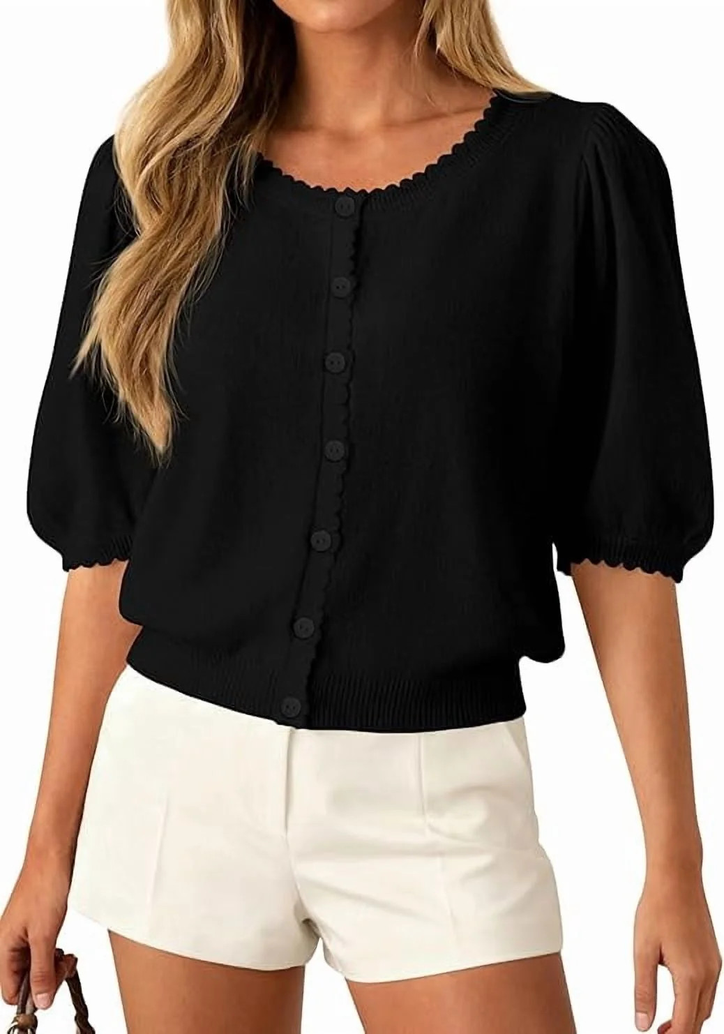 PRETTYGARDEN Puff Short Sleeve Cardigans for Women Lightweight Summer Shirts Button Up Knit Sweat... | Walmart (US)