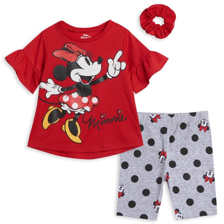 Disney Minnie Mouse Little Girls T-Shirt Bike Shorts and Scrunchie 3 Piece Outfit Set Infant to B... | Walmart (US)