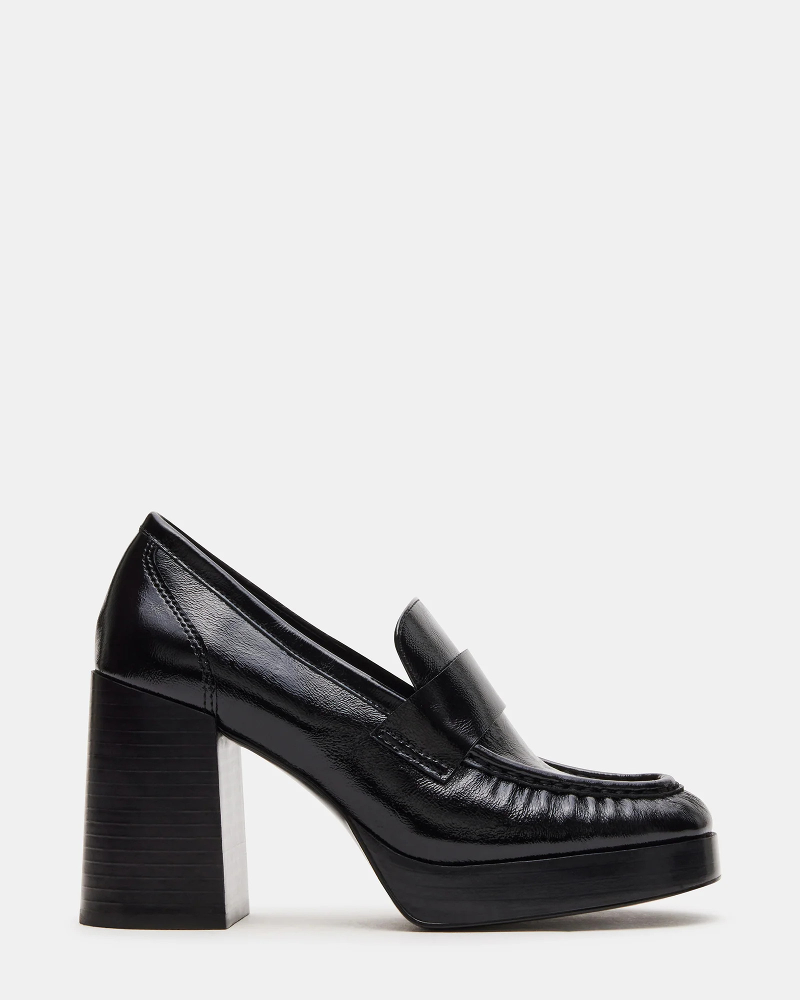 MUNDAY Black Leather Block Heel Platform Loafer | Women's Heels | Steve Madden (US)