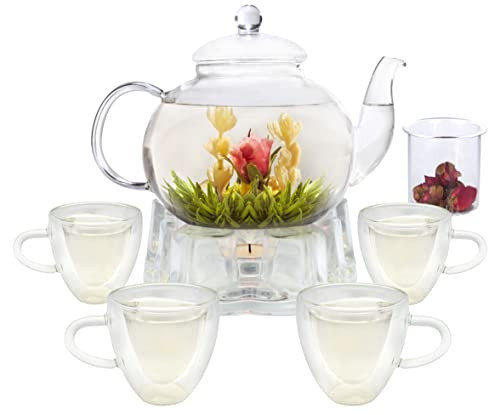 GURUDAR Glass Teapot Set, 40OZ/1200ml Stovetop Safe Glass Tea Kettle with 4 Double-Wall Tea Cups & Loose Tea Infuser & Tea Warmer, Dishwasher Safe Tea Maker, Blooming Tea Gift Set For Women | Amazon (US)